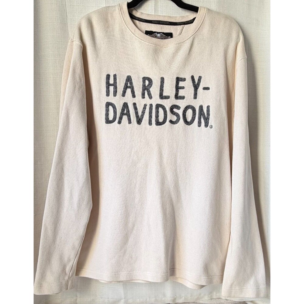 Harley Davidson Men’s M Thermal Shirt Waffle Knit Long Sleeve Spellout Cream